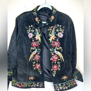 Avanti  New York Black Genuine Leather Suede Embroidered Snap Front Jacket